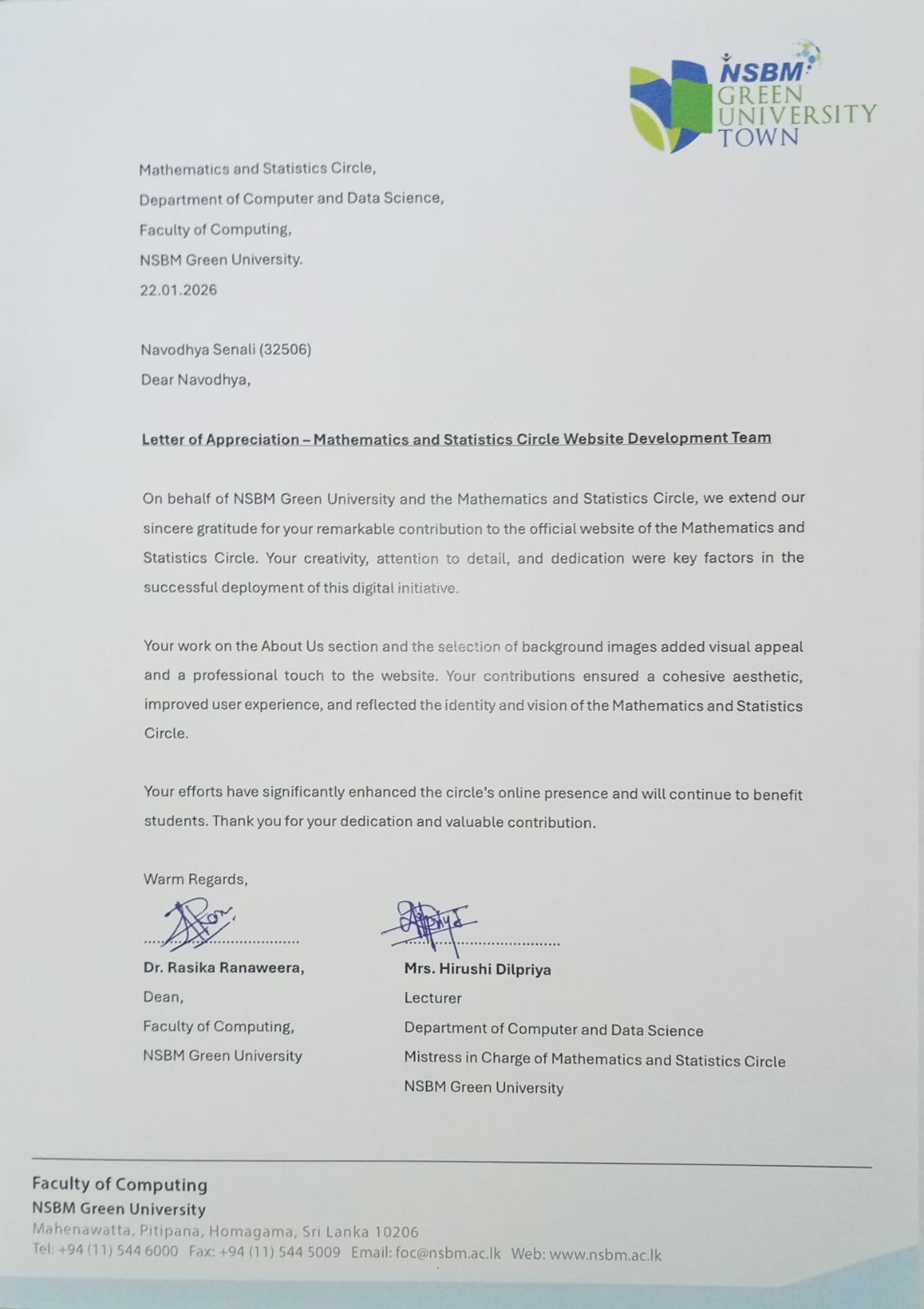 Mathematics Circle Appreciation Letter